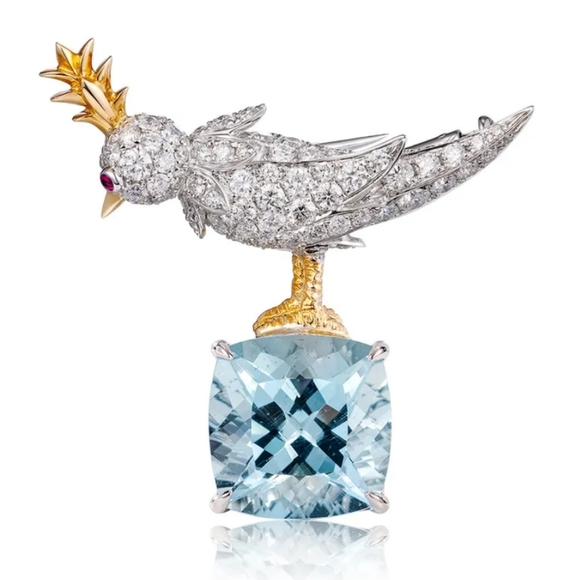 boutique Jewelry - Bird brooch necklace pendant pave 925 silver Ruby aquamarine bird on a rock